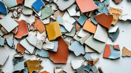 A vibrant collection of broken ceramic tiles showcasing diverse colors and textures, perfect for artistic projects, backgrounds, and creative design inspiration.の素材