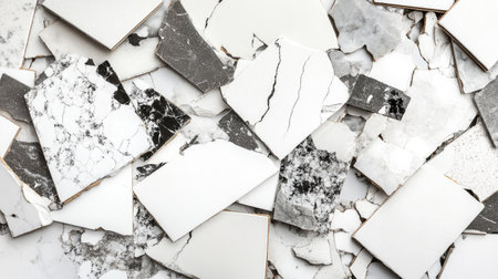 This image features an assortment of marble and stone tiles arranged creatively, showcasing various textures and patterns ideal for interior design projects and inspiration.の素材