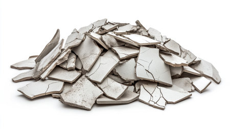 A visually striking pile of broken ceramic pieces featuring noticeable cracks and chipped edges, ideal for artistic projects, home decor, or design inspiration.の素材