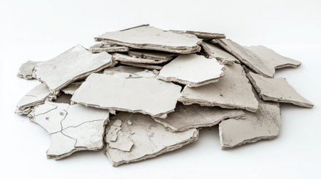 A detailed view of a messy pile of broken plaster or gypsum boards, showcasing textures and fragments. Ideal for use in construction, renovation, and artistic contexts.の素材