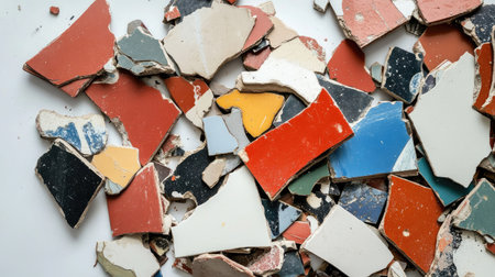 A captivating collection of colorful broken ceramic tiles arranged chaotically on a white surface, creating an intriguing abstract composition ideal for artistic backgrounds.の素材