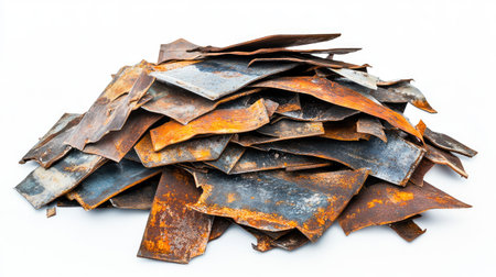 A striking image of a pile of rusty metal sheets displaying vibrant orange and blue colors against a white background, emphasizing urban decay and industrial themes.の素材