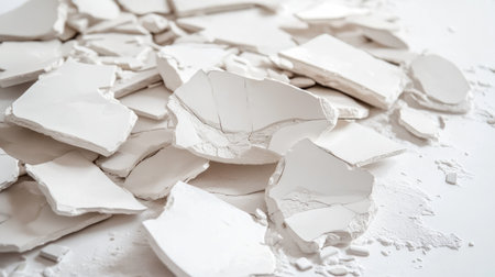 A stunning representation of shattered white ceramics scattered across a light surface, capturing the intricate details and textures of each unique piece in a minimalist arrangement.の素材