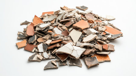A diverse collection of broken ceramic tiles in various colors, creating an engaging visual of construction debris, suitable for renovation and crafting projects.の素材