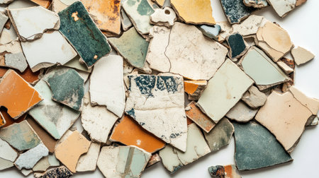 A vibrant collection of vintage tile and paint fragments, showcasing a beautiful array of colors and textures, ideal for artistic design projects or creative backgrounds.の素材