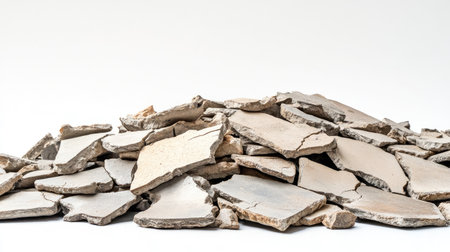A captivating image of a pile of broken ceramic tiles resting on a light background, showcasing texture and color variations perfect for design and renovation projects.の素材