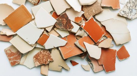 A collection of colorful ceramic tile fragments arranged artistically, perfect for home decor, crafting projects, and artistic endeavors. Ideal for inspiration and creative use.の素材
