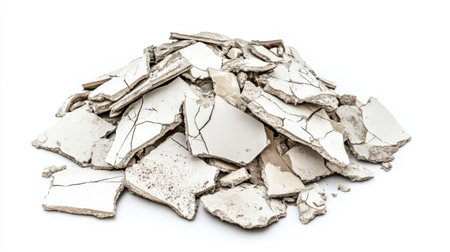 A large pile of cracked and broken plaster pieces on a white background, ideal for illustrating construction and renovation themes in various projects.の素材