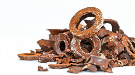 This image features a close-up view of a pile of rusty metal washers and scrap pieces, highlighting the intricate textures of corrosion and decay, perfect for industrial-themed projects.の素材