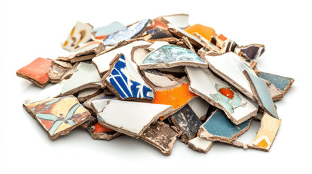 A captivating assortment of broken ceramic tiles featuring a range of colors and intricate patterns, perfect for creative inspiration, artistic projects, and design applications.の素材
