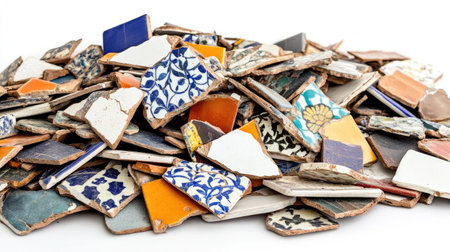 This image features a vibrant assortment of broken ceramic tiles displaying unique patterns and textures, perfect for design projects, decor crafts, and artistic inspiration.の素材
