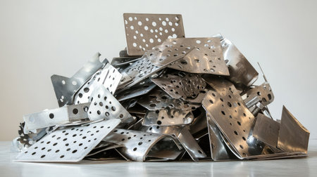 A captivating pile of shiny metallic kitchen utensils featuring various perforations, emphasizing modern design and culinary creativity in a minimalistic setting.の素材