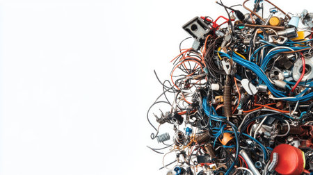 A vibrant collection of tangled electrical cords and metal parts on a white background, representing the chaos of waste and the importance of recycling for a sustainable future.の素材