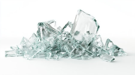 A visually striking image of broken glass shards piled on a white background, emphasizing the beauty and danger of sharp edges and reflective surfaces in an artistic manner.の素材