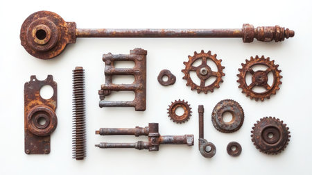 A collection of vintage rusty mechanical gears and tools arranged on a white background, showcasing intricate details and textures for industrial and retro design inspiration.の素材