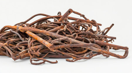 A close-up view capturing a chaotic heap of rusty metal wire, portraying the intricate details of texture and the natural patina formed over time from weathering.の素材
