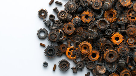 Explore a captivating array of rusty gears and mechanical parts, showcasing industrial beauty with intricate textures and a vintage appeal against a soft background.の素材