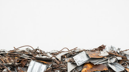 An extensive accumulation of rusty metal scrap showcasing industrial waste, featuring various textures set against a clean, minimalistic background. Perfect for environmental themes.の素材