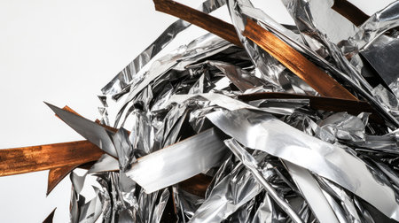 Captivating abstract composition featuring metal shavings and foil, showcasing a blend of copper and silver tones, ideal for use in modern design and creative projects.の素材