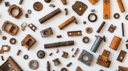 A curated assortment of rusty metal parts and fasteners on a clean white backdrop, perfect for industrial-themed designs or craft creativity with vintage charm.の素材