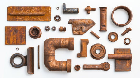 A captivating arrangement of rusty metal parts and tools displayed on a clean white background, showcasing textures and shapes ideal for industrial-themed projects or vintage aesthetics.の素材