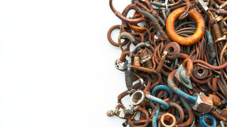 This image showcases a vibrant array of rusty metal fasteners and connectors, offering a unique texture against a clean white background for use in various industrial or DIY contexts.の素材