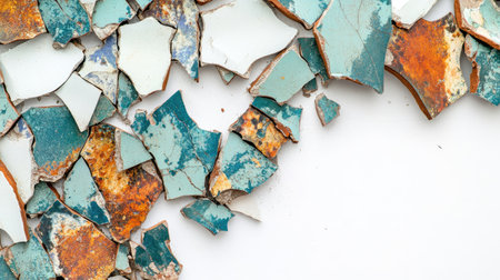 An artistic close-up of chipped paint layers on a wall, revealing a captivating blend of blue and orange tones, perfect for enhancing creative designs or artistic projects.の素材