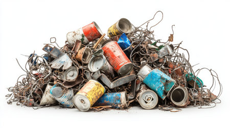 A vibrant pile of crushed metal cans accompanied by scrap metal wires, symbolizing waste and recycling efforts. Ideal for themes on sustainability and environmental issues.の素材