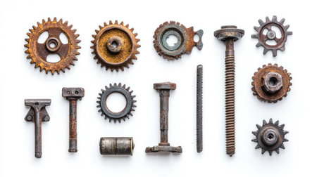 A collection of vintage rusty mechanical gears and components arranged on a white surface, showcasing weathered textures and an industrial aesthetic suitable for backgrounds or design elements.の素材