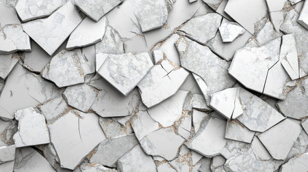 This image showcases a close-up of fragmented white marble with cracks and flakes, offering a unique texture ideal for backgrounds or design projects.の素材
