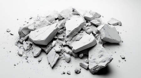 A striking arrangement of broken white plaster pieces on a clean white surface, emphasizing texture and chaos in a minimalist artistic presentation for various creative projects.の素材