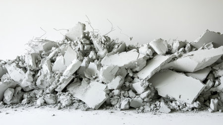 A close-up view of a large pile of crushed concrete debris, featuring various textures and shades of gray, ideal for themes related to construction, demolition, and urban decay.の素材