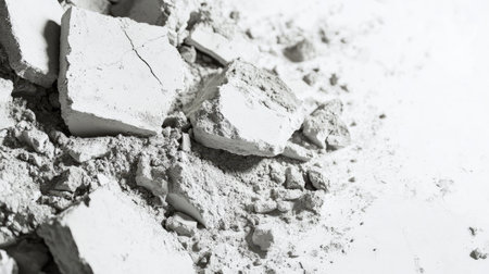 A close-up image showcasing broken fragments of white plaster and dust scattered on a light surface, emphasizing texture and details in a construction environment.の素材
