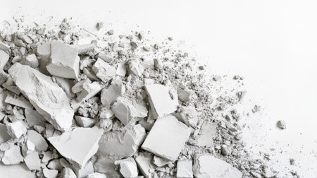 A scattering of crushed white plaster pieces on a smooth surface, creating a unique texture ideal for artistic projects, construction visuals, or minimalistic design elements.の素材