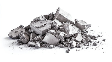 A detailed image showcasing a pile of crushed concrete debris against a clean white background, perfect for projects related to construction, renovation, or demolition efforts.の素材