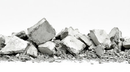 A visually striking pile of cracked concrete blocks, perfect for showcasing construction themes, destruction, or industrial applications in a clean, minimalistic setting.の素材