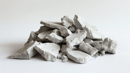 A stack of broken concrete pieces lies on a clean white background, ideal for projects focused on construction, renovation, or industrial themes in stock photography.の素材