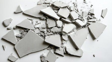 A close-up view of broken pieces of white plaster scattered on a smooth surface, illustrating texture and random shapes that convey a sense of disorder and potential for creativity.の素材