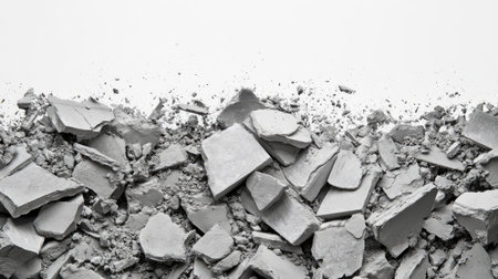 A detailed view of cracked and chipped concrete pieces with dust, set against a smooth white background, ideal for various design and architectural projects.の素材