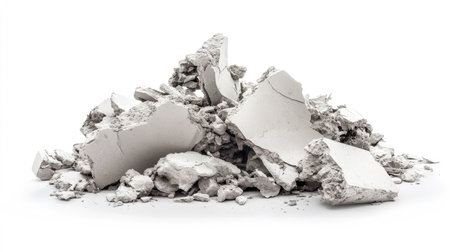 A scattered pile of broken drywall debris on a clean white background, ideal for visual applications related to construction, renovation, and home improvement projects.の素材