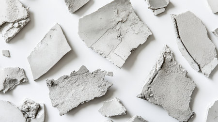 Arranged fragments of concrete and mortar highlight textures and patterns, reflecting themes of urban decay and construction challenges in modern architecture.の素材