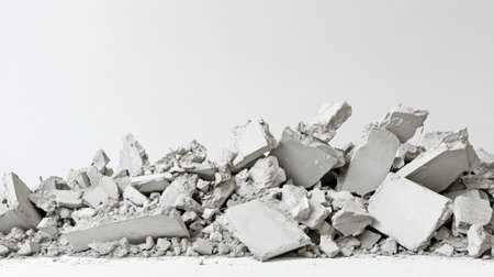 A detailed view of a chaotic pile of crumbled grey concrete blocks against a plain backdrop, ideal for themes related to construction, renovation, and modern design concepts.の素材
