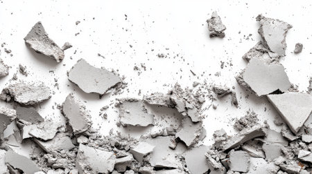This image features scattered gray plaster fragments on a pure white background, ideal for use in design projects that require texture or construction elements.の素材