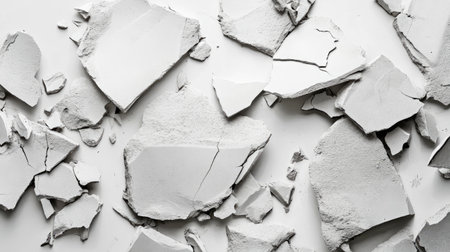 High-resolution image of cracked and flaking white plaster pieces on a light background, ideal for use in textures, design projects, and artistic endeavors.の素材