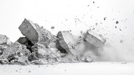 An action shot of concrete blocks crumbling and creating clouds of dust, evoking a sense of industrial activity and transformation in a clean, white space.の素材