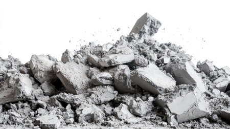 A large pile of crushed concrete debris rises with dust clouds against a clean white background, representing the aftermath of construction and demolition activities in urban environments.の素材
