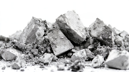 Close-up view of crushed cement and aggregate forming a textured pile on a white background, suitable for construction and material science illustrations and projects.の素材