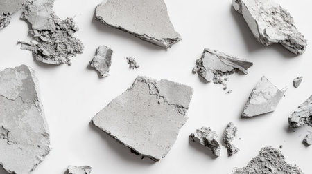 Close-up image showing broken gray concrete fragments scattered on a white surface, highlighting texture and detail, perfect for construction and design themes.の素材