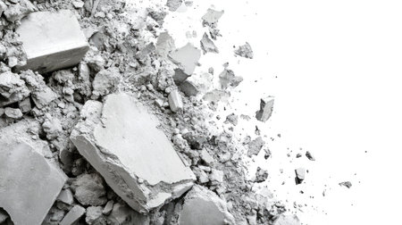 A visually striking abstract image featuring crumbled concrete blocks and fine dust, ideal for construction themes or industrial projects, emphasizing texture and raw material.の素材