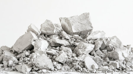 A large pile of crumbled concrete and plaster debris showcasing the texture and materials associated with renovation and construction processes on a clean white background.の素材